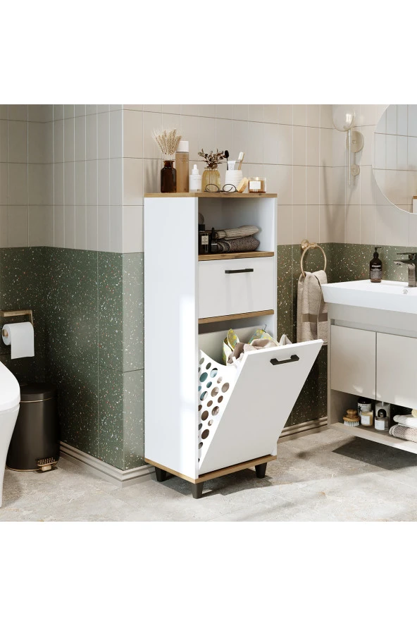 ROOMART Çamaşır Sepetli Banyo Dolabı, Çok Amaçlı Çekmeceli Dolap 45 cm