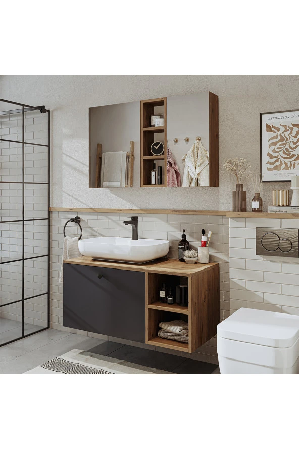 ROOMART Ayaksız Lavabolu Mdf 95 Cm Çekmeceli Lotus Oval Lavabolu Banyo Dolabı + Aynalı Üst Dolabı ürün görseli 1