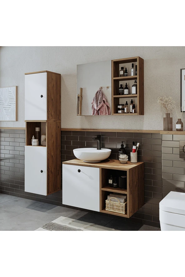 ROOMART Lavabolu Mdf 75 Cm Lotus Çekmeceli Banyo Dolabı + Aynalı Üst Dolabı + Banyo Boy Dolabı