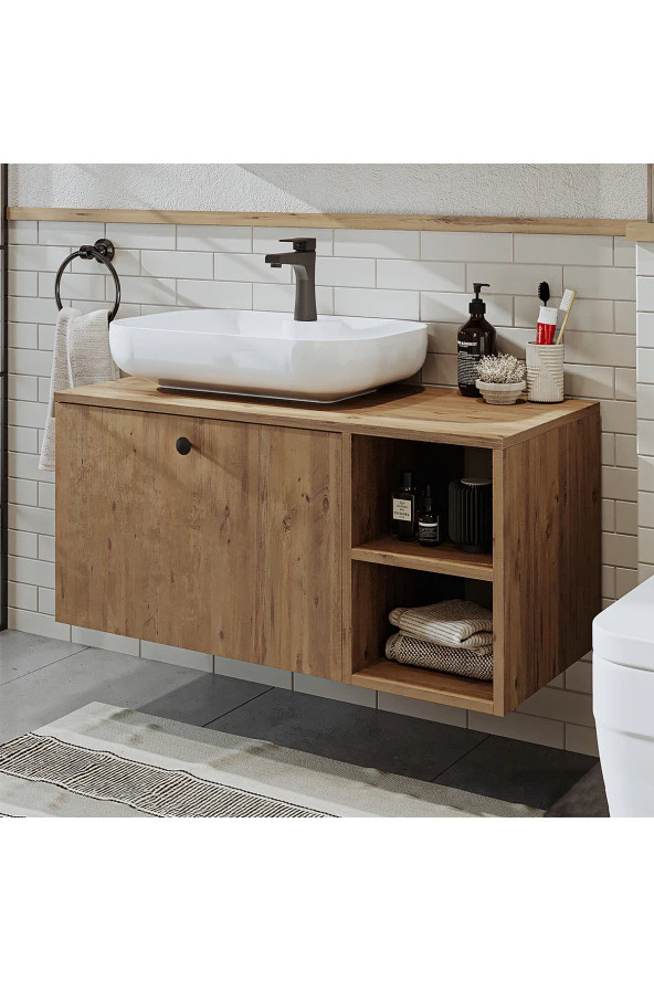 ROOMART Ayaksız Lavabolu Mdf 95 Cm Çekmeceli Lotus Oval Lavabolu Banyo Dolabı ürün görseli 1