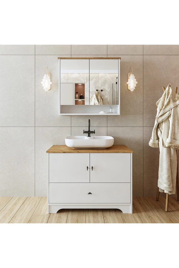 ROOMART Oval Lavabolu Mat Beyaz Mdf 100 Cm Çekmeceli Banyo Dolabı + Aynalı Üst Dolabı