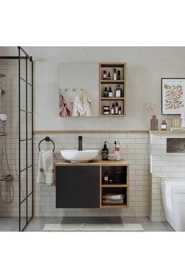 ROOMART Lavabolu Mdf 75 Cm Lotus Çekmeceli Banyo Dolabı + Aynalı Üst Dolabı