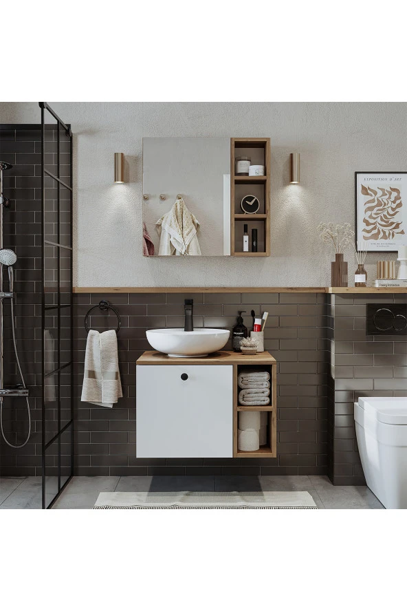 ROOMART Lavabolu Mdf 65 Cm Lotus Çekmeceli Banyo Dolabı + Aynalı Üst Dolabı