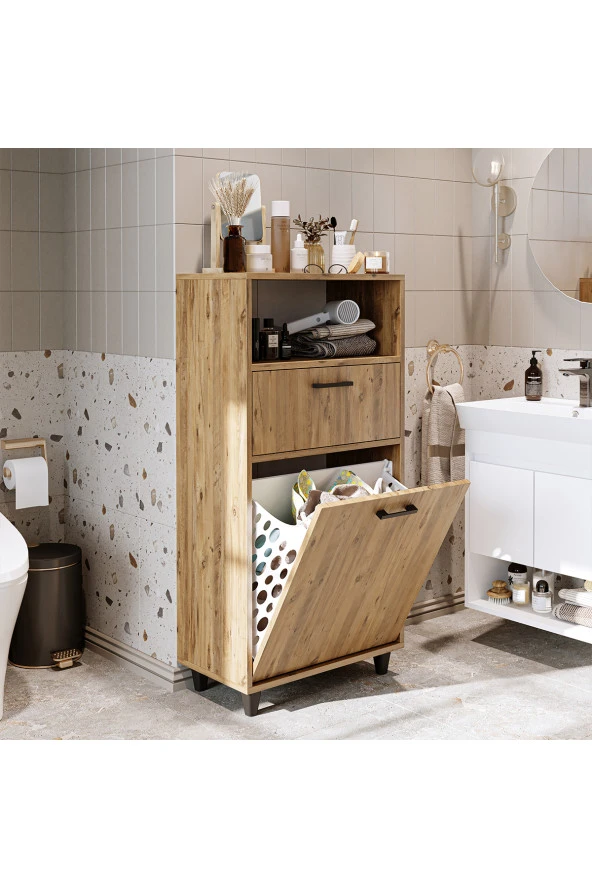 ROOMART Çamaşır Sepetli Banyo Dolabı, Çok Amaçlı Çekmeceli Dolap 60 cm