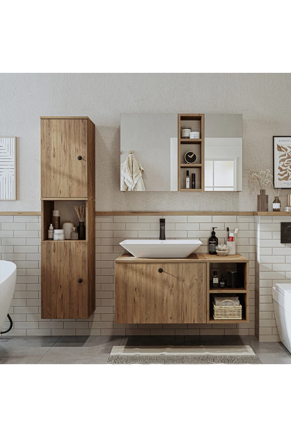 ROOMART Lavabolu Mdf 95 Cm Lotus Çekmeceli Banyo Dolabı + Aynalı Üst Dolabı + Banyo Boy Dolabı
