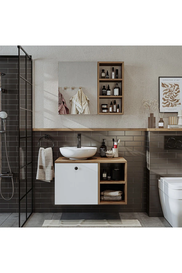ROOMART Lavabolu Mdf 75 Cm Lotus Çekmeceli Banyo Dolabı + Aynalı Üst Dolabı