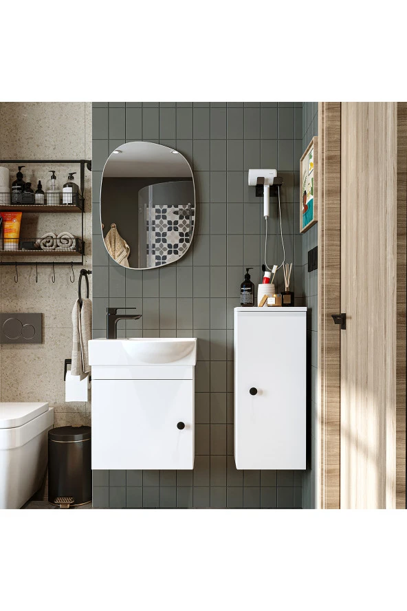 ROOMART Punto Ayaksız Tek Kapaklı Sol Lavabolu 46 Cm Banyo Alt Dolabı + Üst Ayna + Boy Dolabı