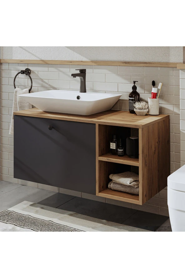 ROOMART Ayaksız Lavabolu Mdf 95 Cm Çekmeceli Banyo Dolabı