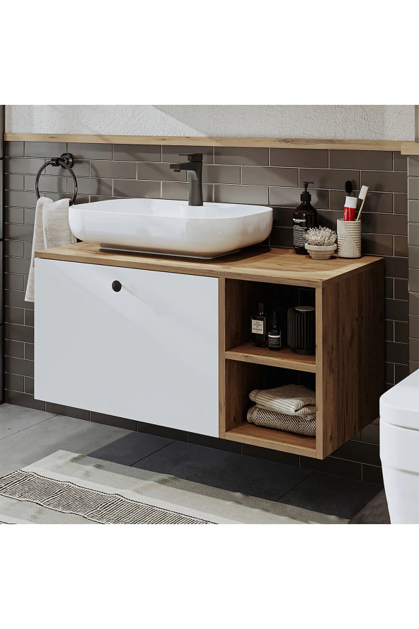 ROOMART Ayaksız Lavabolu Mdf 95 Cm Çekmeceli Lotus Oval Lavabolu Banyo Dolabı