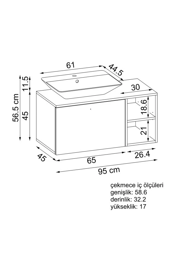 ROOMART Ayaksız Lavabolu Mdf 95 Cm Çekmeceli Banyo Dolabı - 2