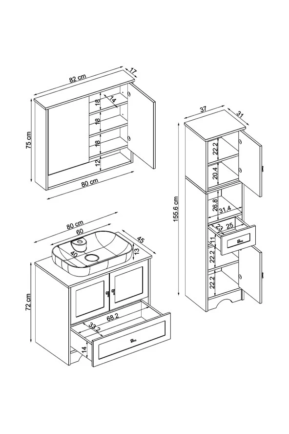 ROOMART Lavabolu Mat Beyaz Mdf 80 Cm Çekmeceli Banyo Dolabı + Aynalı Üst Dolabı + Boy Dolabı - 2