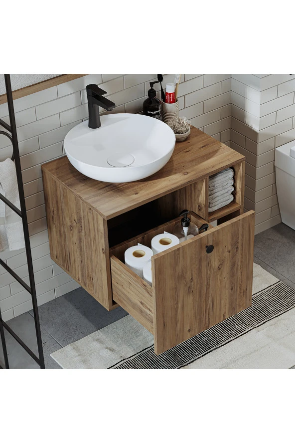 ROOMART Lavabolu Mdf 65 Cm Lotus Çekmeceli Banyo Dolabı + Aynalı Üst Dolabı + Banyo Boy Dolabı - 4