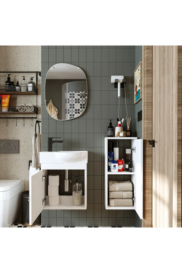 ROOMART Punto Ayaksız Tek Kapaklı Sol Lavabolu 46 Cm Banyo Alt Dolabı + Üst Ayna + Boy Dolabı - Resim 3