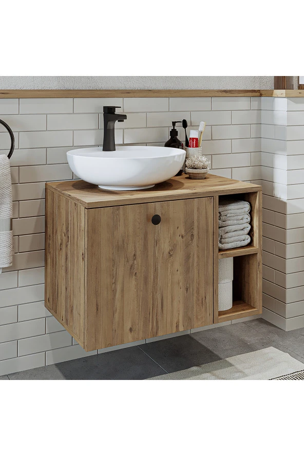 ROOMART Ayaksız Lavabolu Mdflam 65 Cm Çekmeceli Banyo Dolabı - Resim 5