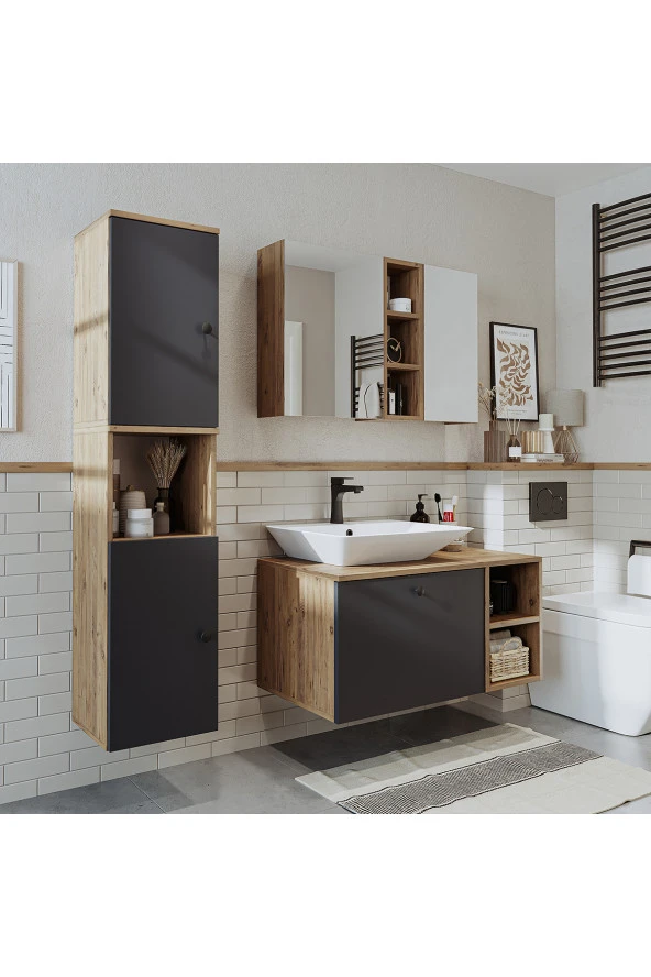 ROOMART Lavabolu Mdf 95 Cm Lotus Çekmeceli Banyo Dolabı + Aynalı Üst Dolabı + Banyo Boy Dolabı - 6