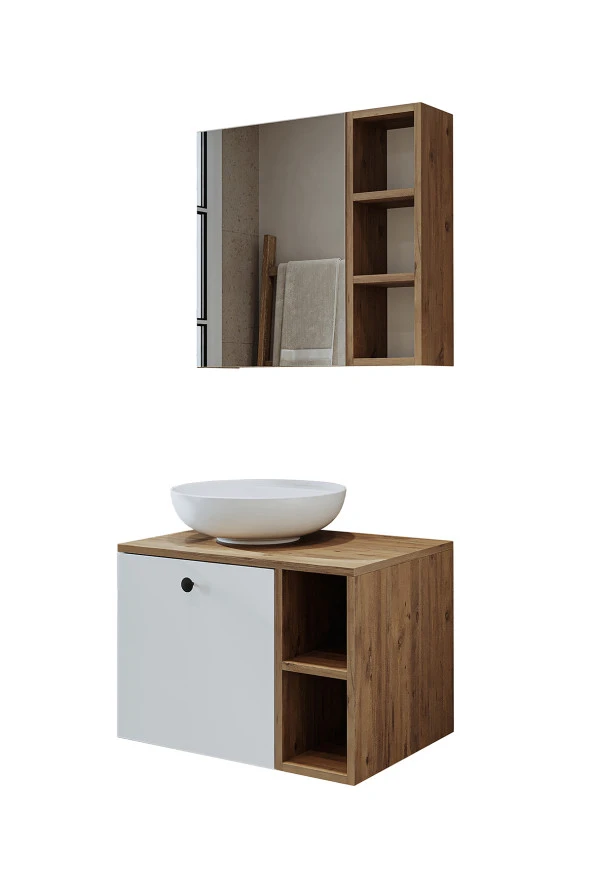 ROOMART Lavabolu Mdf 65 Cm Lotus Çekmeceli Banyo Dolabı + Aynalı Üst Dolabı - 6