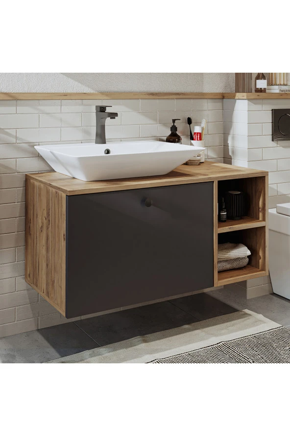 ROOMART Ayaksız Lavabolu Mdf 95 Cm Çekmeceli Banyo Dolabı - 5