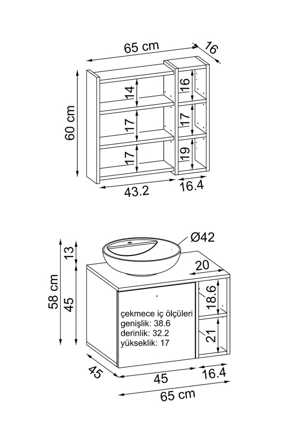 ROOMART Lavabolu Mdf 65 Cm Lotus Çekmeceli Banyo Dolabı + Aynalı Üst Dolabı - 7