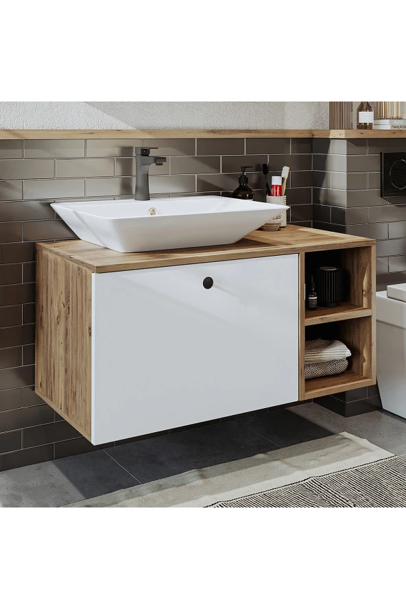 ROOMART Ayaksız Lavabolu Mdf 95 Cm Çekmeceli Banyo Dolabı - 5