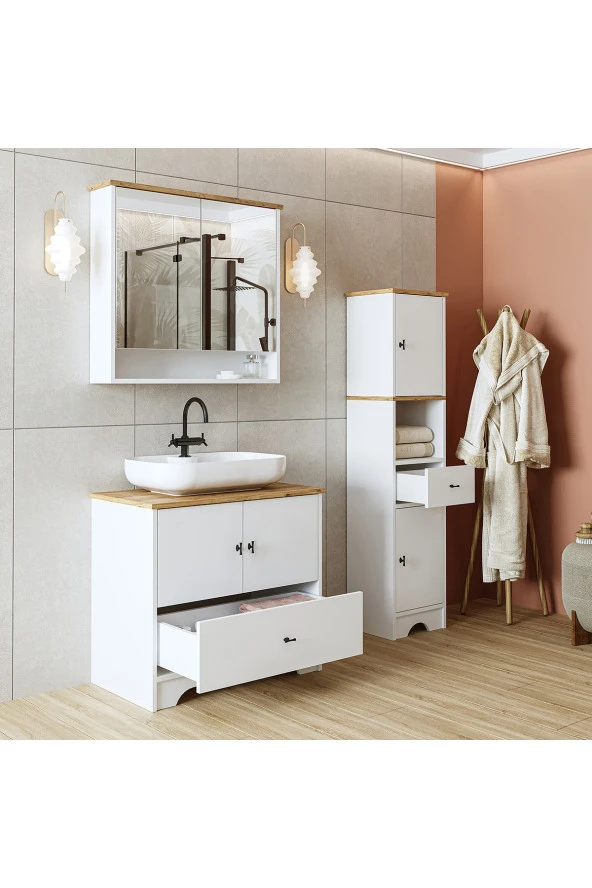 ROOMART Lavabolu Mat Beyaz Mdf 80 Cm Çekmeceli Banyo Dolabı + Aynalı Üst Dolabı + Boy Dolabı - 6