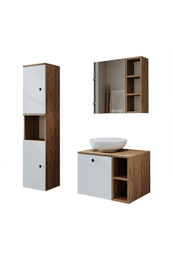 ROOMART Lavabolu Mdf 65 Cm Lotus Çekmeceli Banyo Dolabı + Aynalı Üst Dolabı + Banyo Boy Dolabı - Resim 7