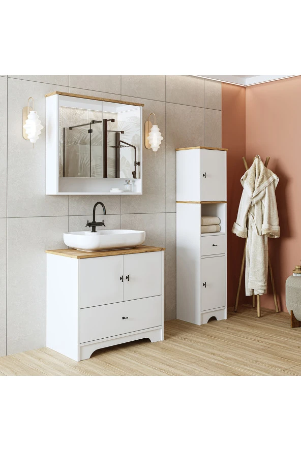 ROOMART Lavabolu Mat Beyaz Mdf 80 Cm Çekmeceli Banyo Dolabı + Aynalı Üst Dolabı + Boy Dolabı - 7