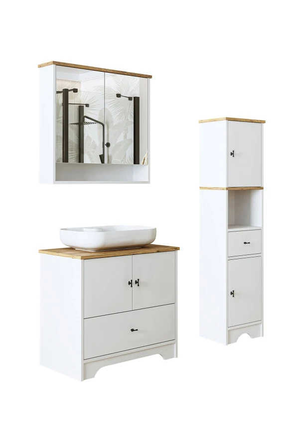 ROOMART Lavabolu Mat Beyaz Mdf 80 Cm Çekmeceli Banyo Dolabı + Aynalı Üst Dolabı + Boy Dolabı - 8