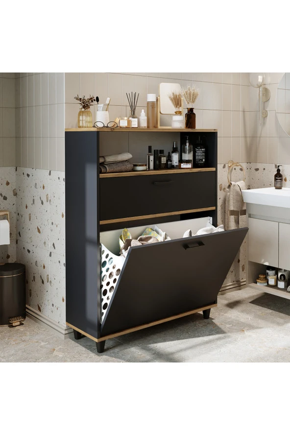 ROOMART Çamaşır Sepetli Banyo Dolabı, Çok Amaçlı Çekmeceli Dolap 90 cm