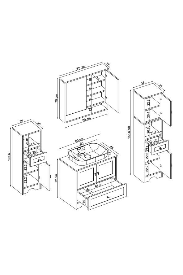 ROOMART Oval Lavabolu Mat Beyaz Mdf 80 Cm Çekmeceli Banyo Dolabı + Aynalı Üst Dolabı + 2 adet Boy Dolabı - Resim 2