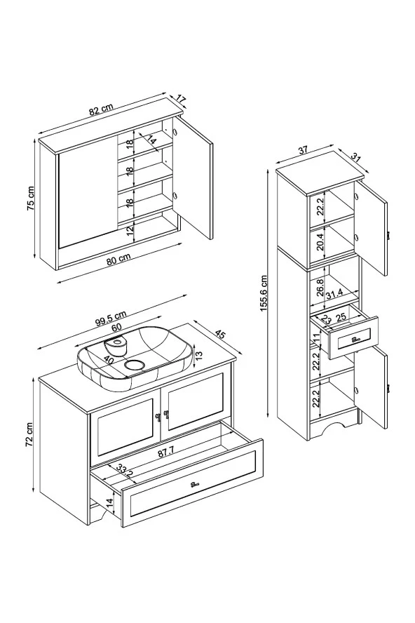 ROOMART Oval Lavabolu Mat Beyaz Mdf 100 Cm Çekmeceli Banyo Dolabı + Aynalı Üst Dolabı + Boy Dolabı - Resim 2