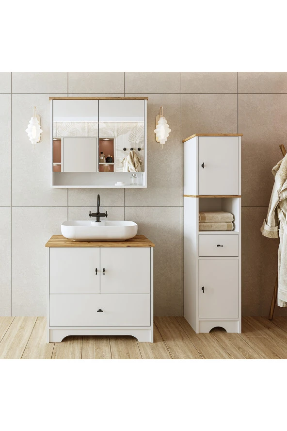 ROOMART Lavabolu Mat Beyaz Mdf 80 Cm Çekmeceli Banyo Dolabı + Aynalı Üst Dolabı + Boy Dolabı