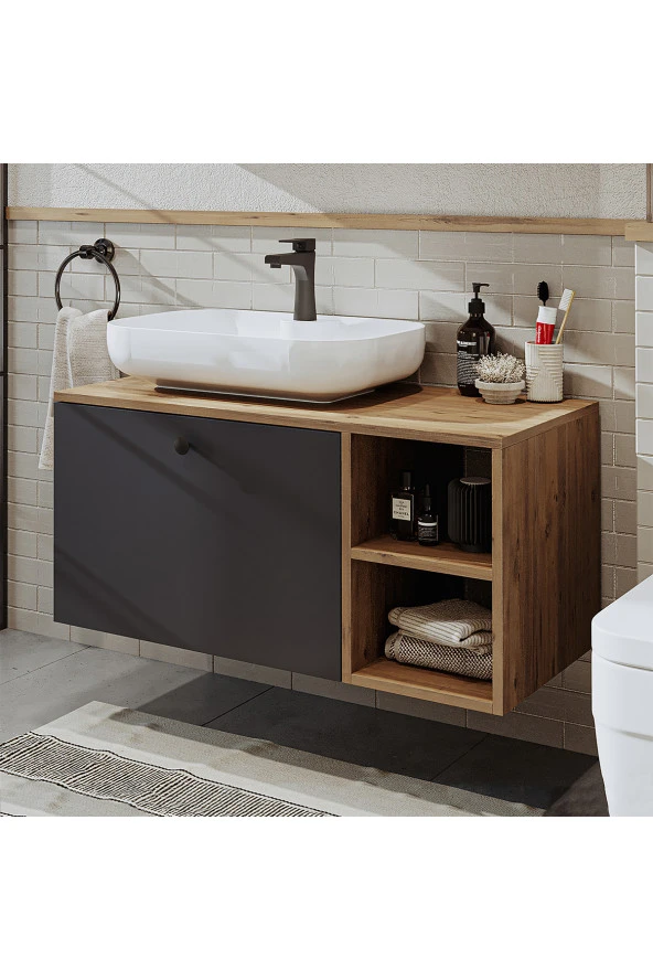 ROOMART Ayaksız Lavabolu Mdf 95 Cm Çekmeceli Lotus Oval Lavabolu Banyo Dolabı