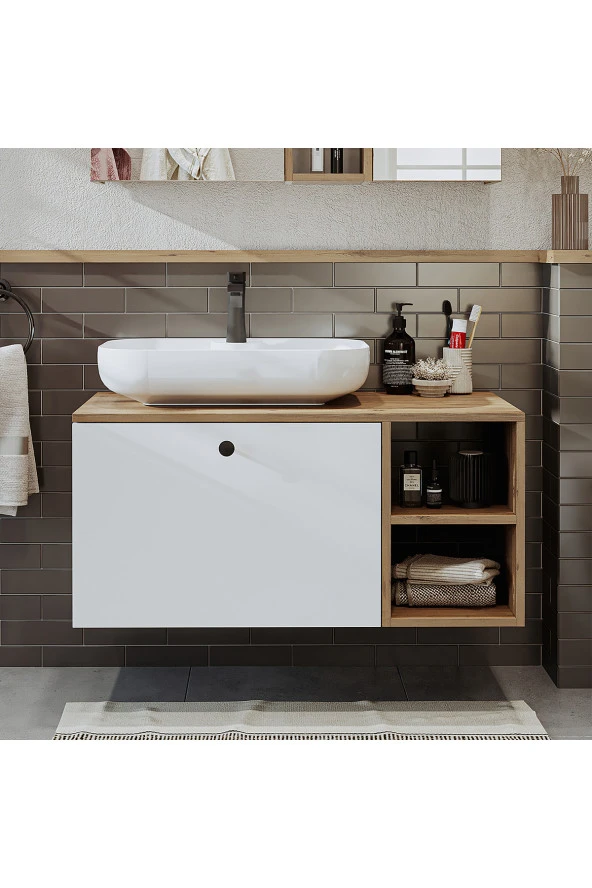 ROOMART Ayaksız Lavabolu Mdf 95 Cm Çekmeceli Lotus Oval Lavabolu Banyo Dolabı - Resim 5