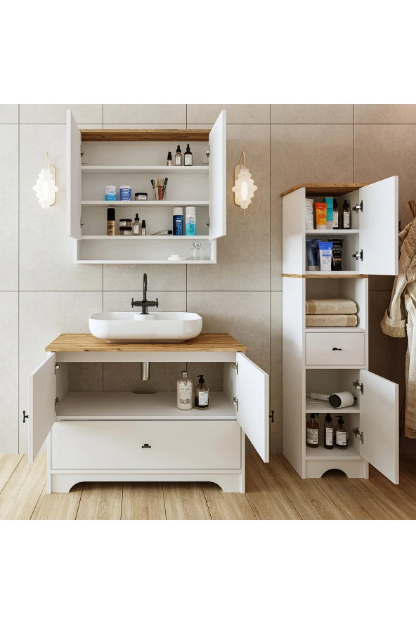 ROOMART Oval Lavabolu Mat Beyaz Mdf 100 Cm Çekmeceli Banyo Dolabı + Aynalı Üst Dolabı + Boy Dolabı - Resim 5