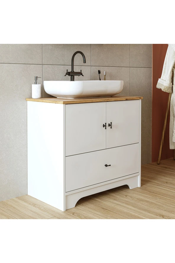 ROOMART Oval Lavabolu Ayaklı 2 Kapaklı Çekmeceli Mat Beyaz Mdf 80 Cm Banyo Dolabı - 5