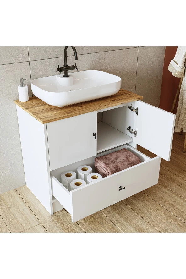 ROOMART Lavabolu Mat Beyaz Mdf 80 Cm Çekmeceli Banyo Dolabı + Aynalı Üst Dolabı + Boy Dolabı - 5