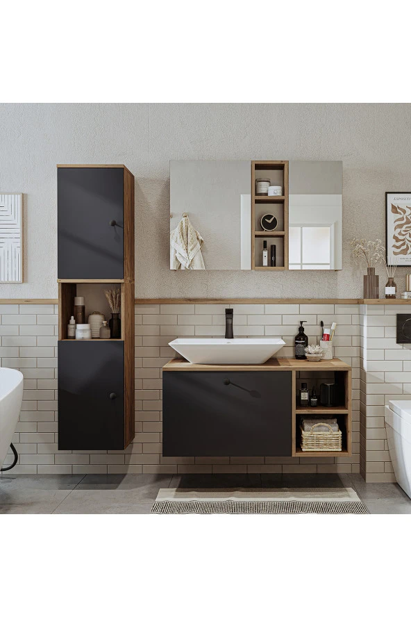 ROOMART Lavabolu Mdf 95 Cm Lotus Çekmeceli Banyo Dolabı + Aynalı Üst Dolabı + Banyo Boy Dolabı - 3