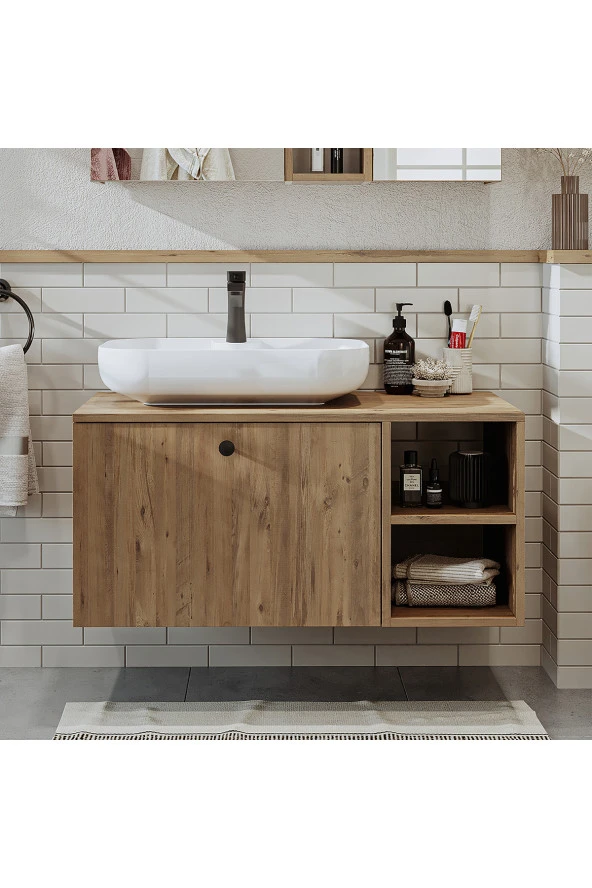 ROOMART Ayaksız Lavabolu Mdf 95 Cm Çekmeceli Lotus Oval Lavabolu Banyo Dolabı - Resim 3