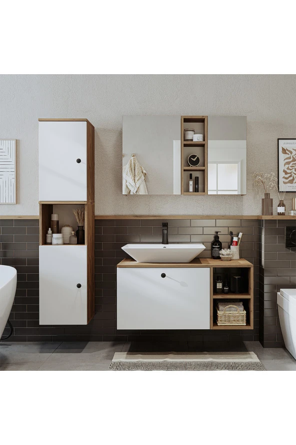 ROOMART Lavabolu Mdf 95 Cm Lotus Çekmeceli Banyo Dolabı + Aynalı Üst Dolabı + Banyo Boy Dolabı - 3