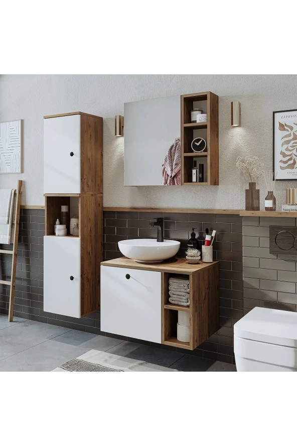 ROOMART Lavabolu Mdf 65 Cm Lotus Çekmeceli Banyo Dolabı + Aynalı Üst Dolabı + Banyo Boy Dolabı ürün görseli 1