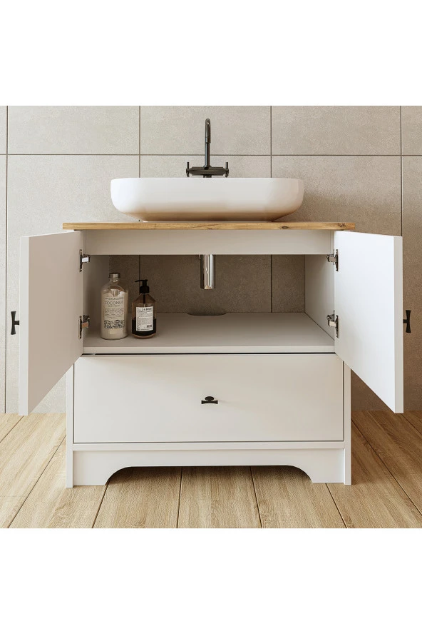 ROOMART Oval Lavabolu Ayaklı 2 Kapaklı Çekmeceli Mat Beyaz Mdf 80 Cm Banyo Dolabı - 6