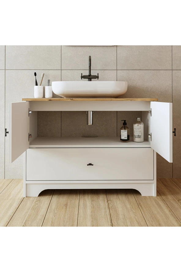 ROOMART Oval Lavabolu Ayaklı 2 Kapaklı Çekmeceli Mat Beyaz Mdf 100 Cm Banyo Dolabı - 5