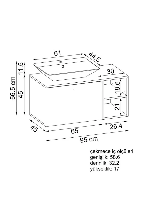 ROOMART Ayaksız Lavabolu Mdf 95 Cm Çekmeceli Banyo Dolabı - 2