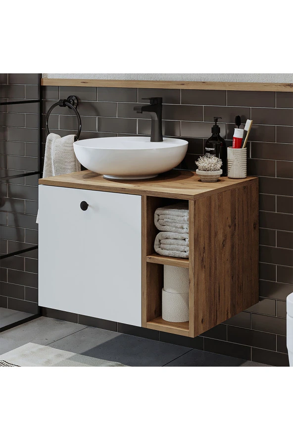 ROOMART Ayaksız Lavabolu Mdflam 65 Cm Çekmeceli Banyo Dolabı