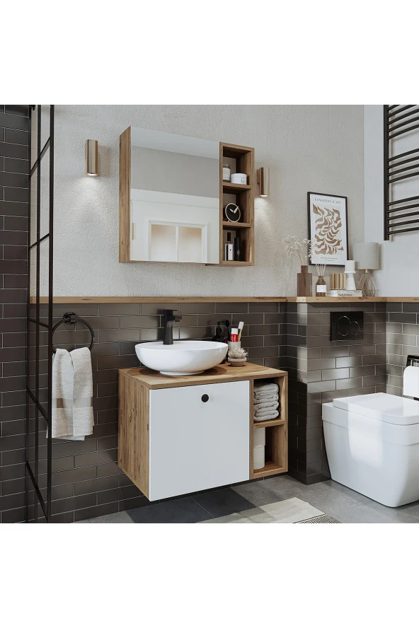 ROOMART Lavabolu Mdf 65 Cm Lotus Çekmeceli Banyo Dolabı + Aynalı Üst Dolabı - 3