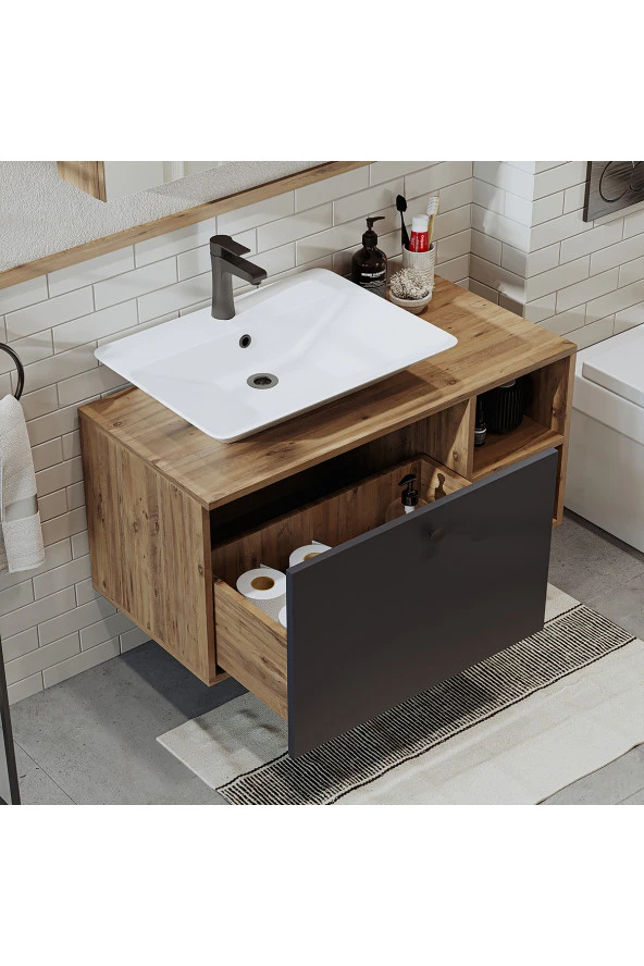 ROOMART Ayaksız Lavabolu Mdf 95 Cm Çekmeceli Banyo Dolabı - 4