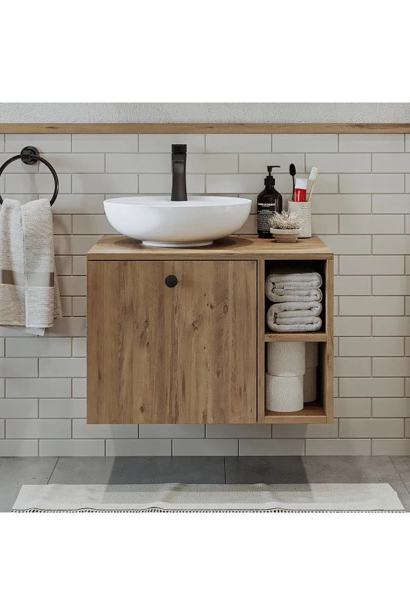 ROOMART Ayaksız Lavabolu Mdflam 65 Cm Çekmeceli Banyo Dolabı - Resim 3