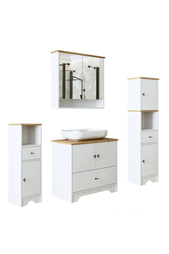 ROOMART Oval Lavabolu Mat Beyaz Mdf 80 Cm Çekmeceli Banyo Dolabı + Aynalı Üst Dolabı + 2 adet Boy Dolabı - Resim 8