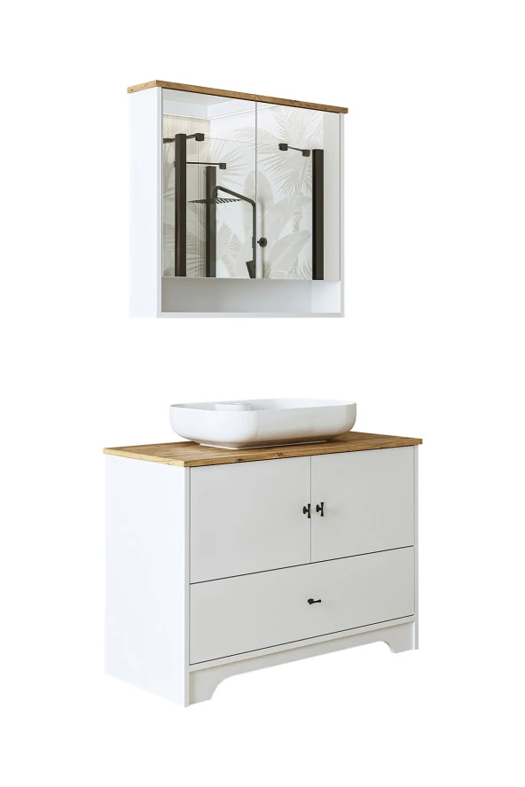 ROOMART Oval Lavabolu Mat Beyaz Mdf 100 Cm Çekmeceli Banyo Dolabı + Aynalı Üst Dolabı - Resim 5