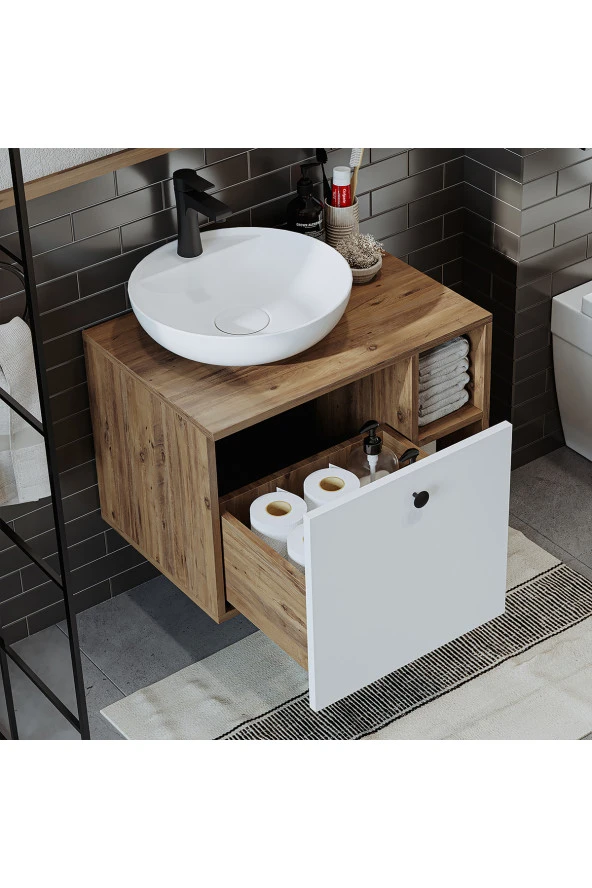 ROOMART Ayaksız Lavabolu Mdflam 65 Cm Çekmeceli Banyo Dolabı - 4